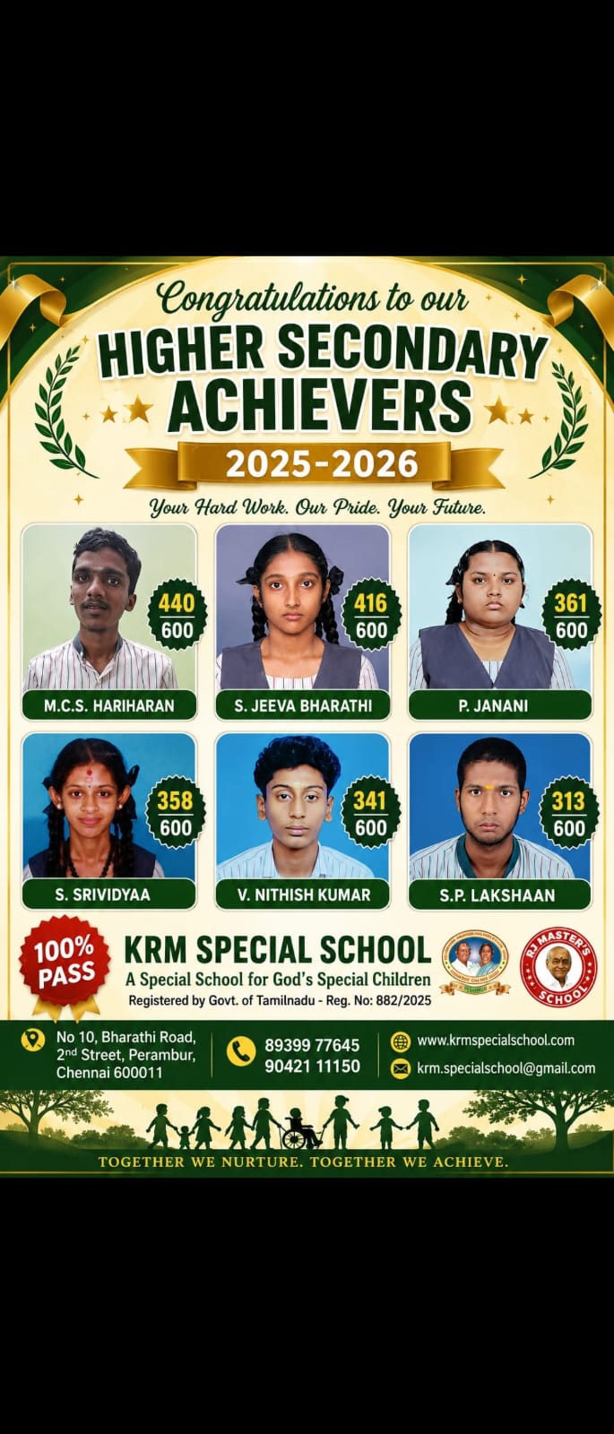 KRM Special School Higher Secondary achievers 2025-2026 with 100% pass