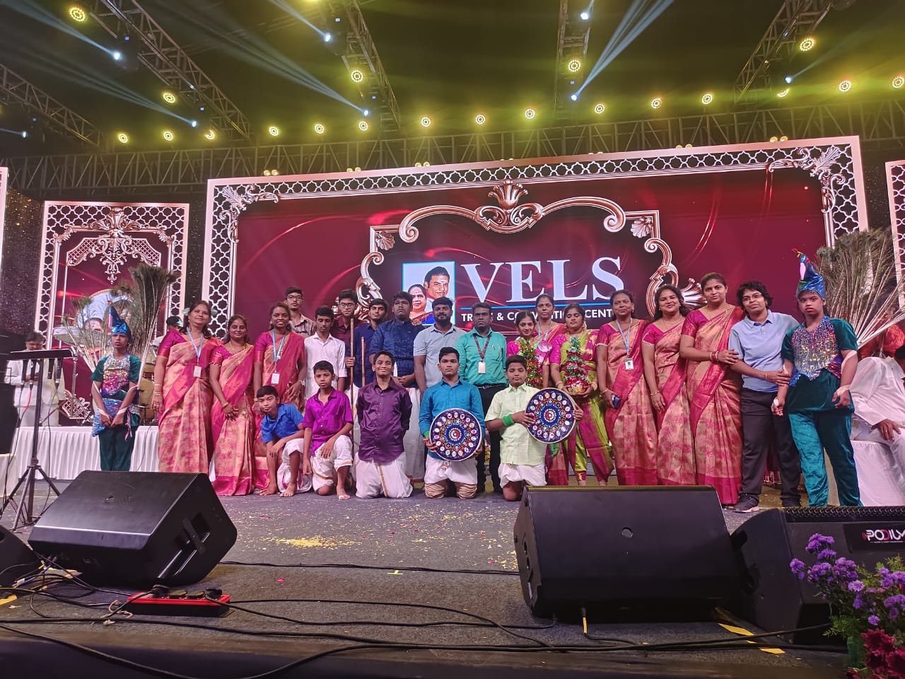 KRM Special School students and teachers on stage at the Vels Convention Centre inauguration