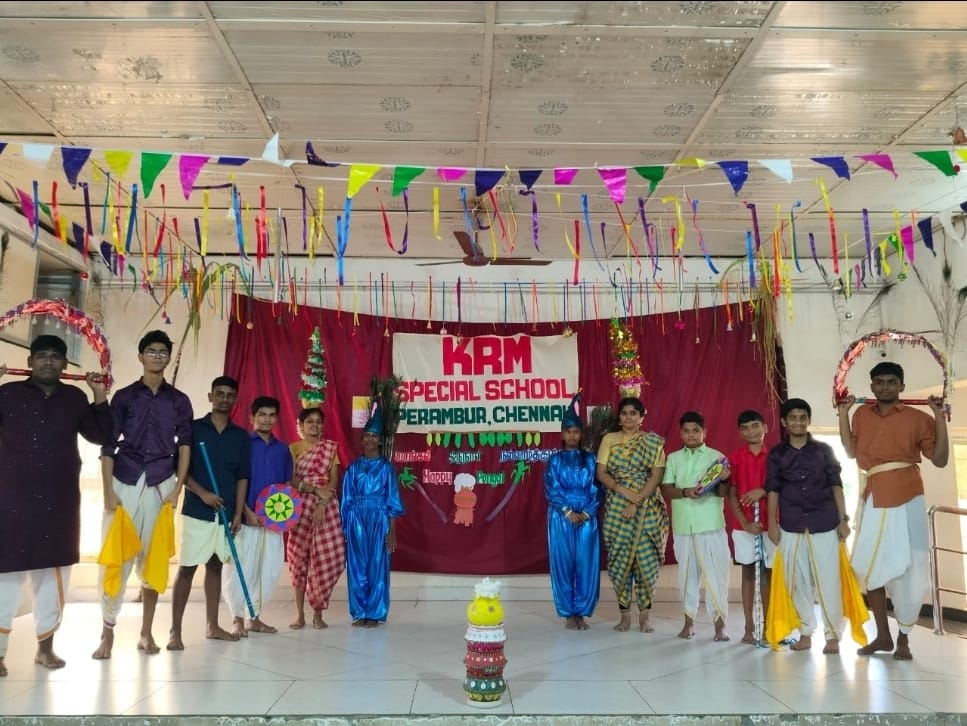 KRM Special School students in traditional dress during the Pongal celebration on stage